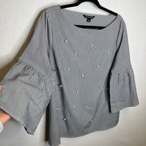 Zac & Rachel Woman Striped Bell Sleeve Pearl Embellished Top Plus Size‎ 1X